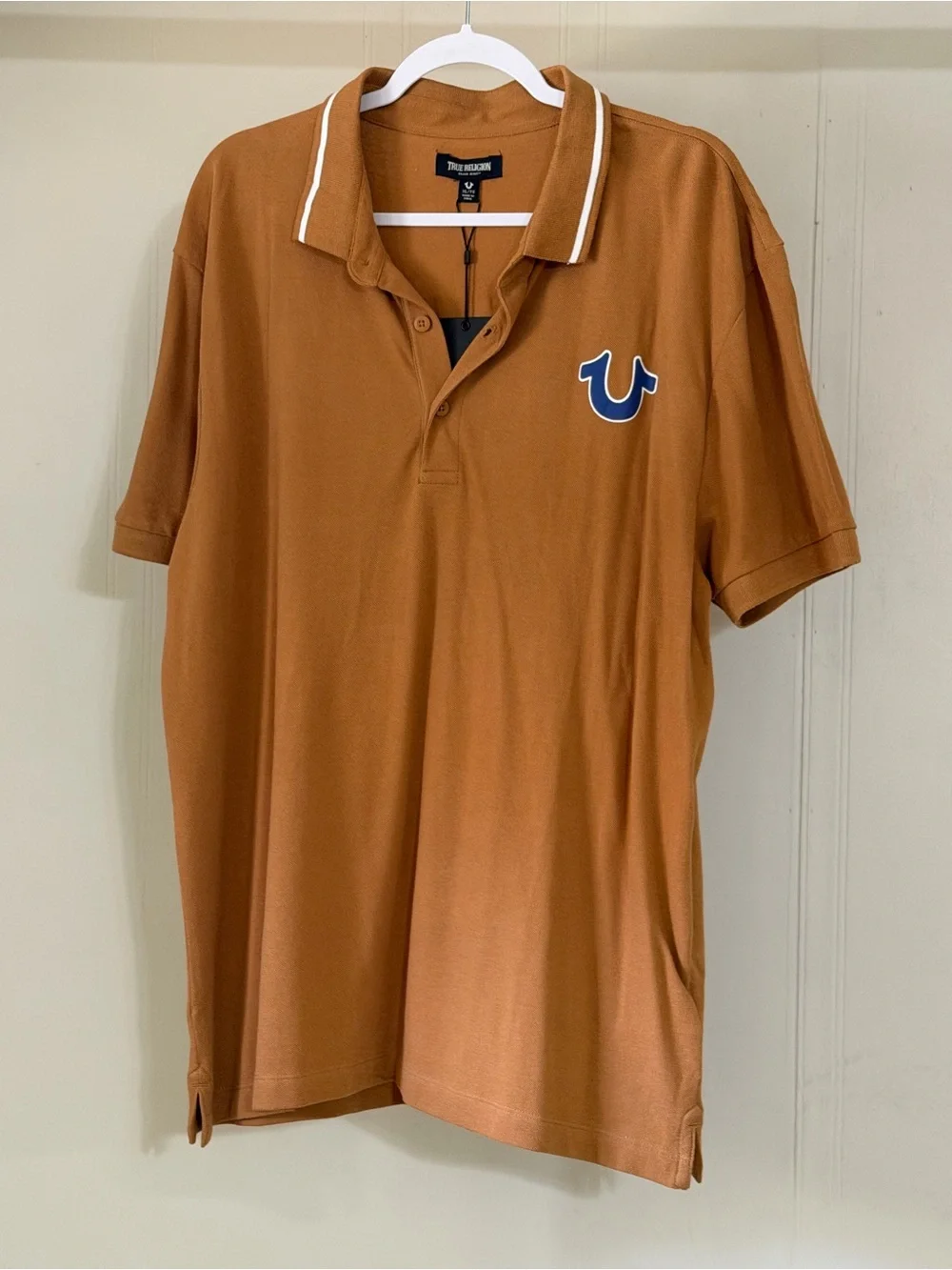 True Religion Men’s Rust Brown Polo with White Trim and Blue Logo